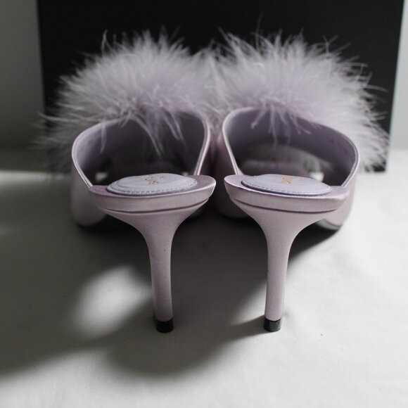 NWB Saint Laurent Paris Feather Pom Pom Kitten Heels Mules SlipOns Poly Grey 39 - Picture 5 of 9